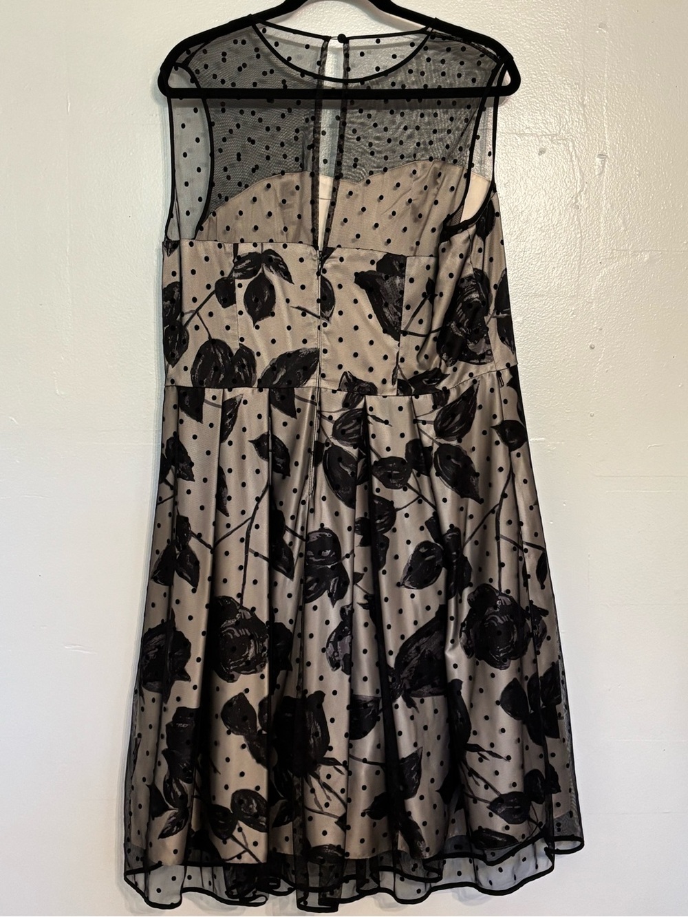 Eliza J Taupe Dress with Black Floral & Polka Dot Overlay